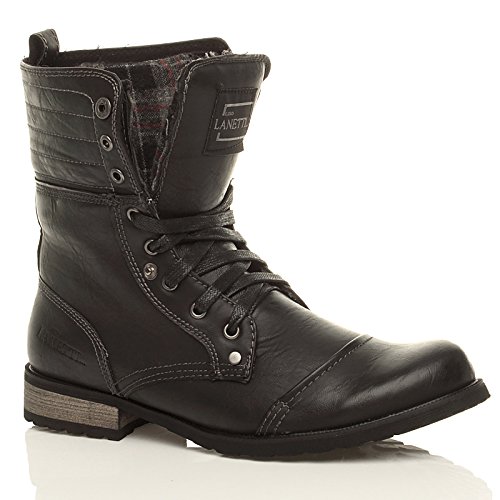MENS LACE UP LOW HEEL FLAT FOLD OVER PADDED CUFF MILITARY ANKLE BOOTS SIZE 9 43
